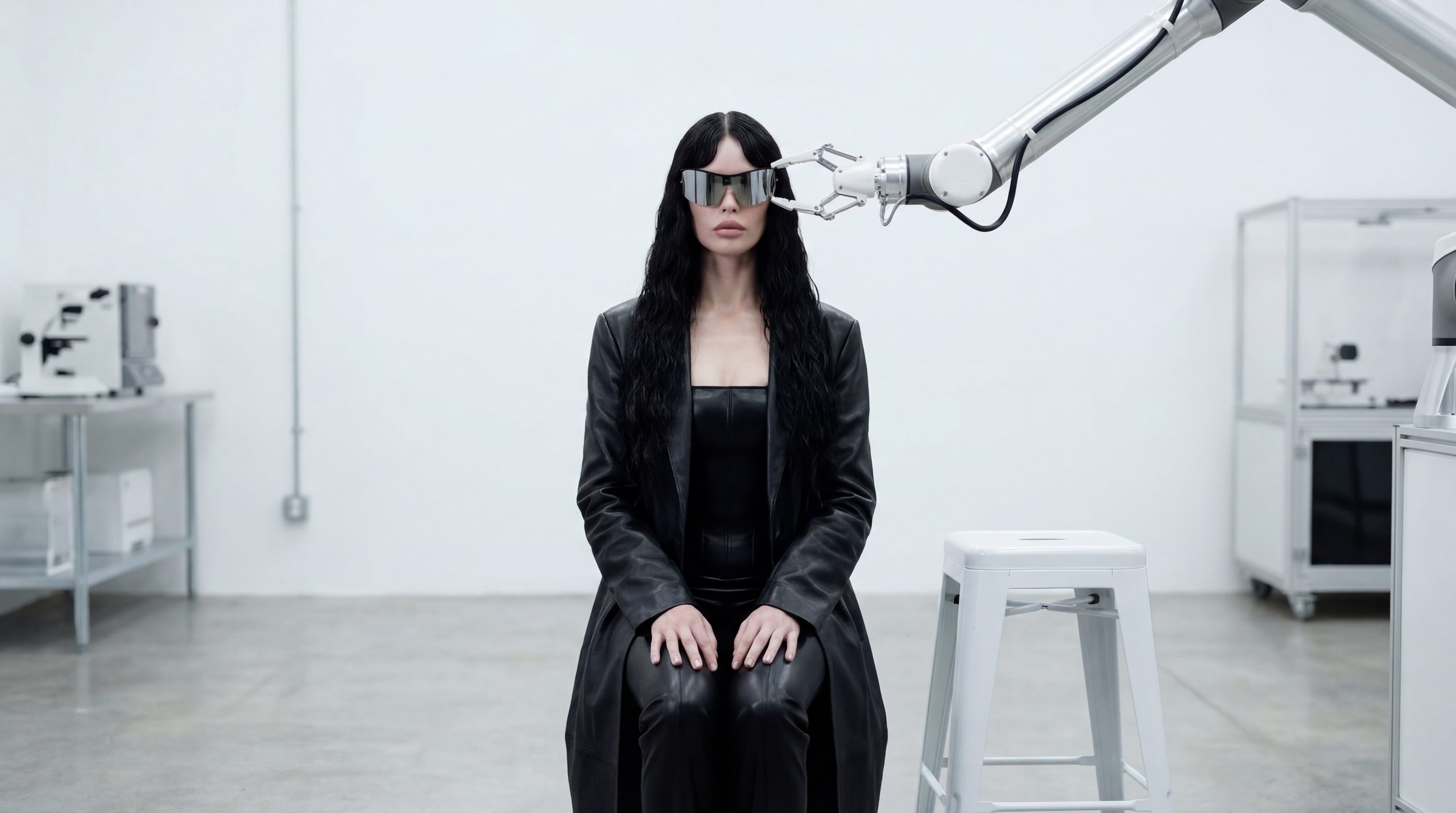 Donna seduta in un ambiente da laboratorio ottico mentre un braccio robotico si avvicina al suo occhio